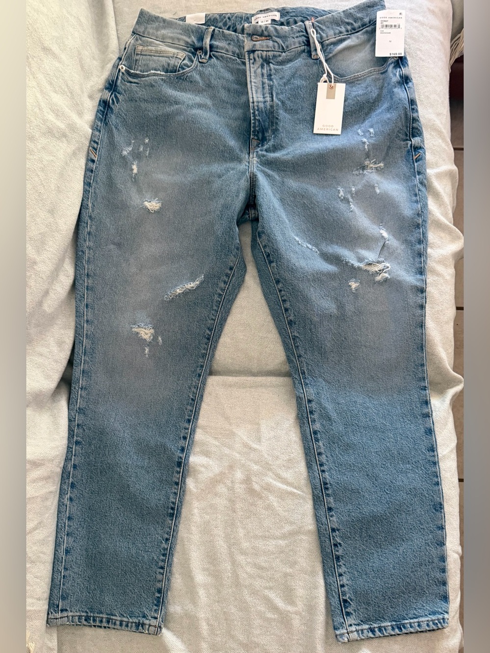 Good American Good Classic Skinny Jeans Womens 12 31 Light Wash Distressed NWT - Picture 1 of 9